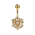 Close-up of a gold-plated flower navel ring with sparkling cubic zirconia crystals - Design No.2