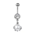 Elegant silver-toned belly button ring featuring a clear zircon and white pearl pendant. - Pearl Pendant Style (1#) / Faux Pearl