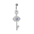 Detailed view of silver evil eye key navel piercing with blue and clear zirconia stones. - Evil Eye Key Style (2#) / Blue Zirconia