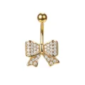 Detailed view of a golden stainless steel belly ring with a zircon-encrusted bow - Design No.4