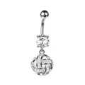 Close-up of silver belly button ring with sparkling zircon and knotted sphere pendant. - Hollow Woven Ball Style (5#)