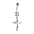 Close-up detail of a silver cross belly button ring decorated with sparkling zircon stones - Classic Cross Style (7#)