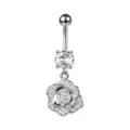 Detailed close-up view of silver navel piercing with zircon and sparkling pavé rose pendant - 3D Rose Style (9#)