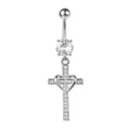 Detailed shot of a silver-tone cross navel ring with heart and clear zircons. - Heart Cross Style (8#)