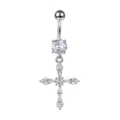 Macro detail of a shiny cross-shaped belly ring with sparkling zircon stones - Pave Cross Style (13#)