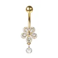 Détail macro d'un piercing de nombril doré avec des zircons étincelants - Design No.16