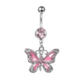 Elegant silver-toned butterfly belly button ring with pink zircon stones and enamel wings - Pink Butterfly Style (11#)