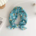 Blue cotton linen hair scarf with cute cat print, stylish square neckerchief for women. - Cartoon Cat Blue (24B)