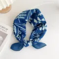 Cotton linen small square scarf floral print hair band elegant neck scarf versatile accessories - Chalk Leaf Blue (30B)