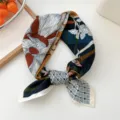 Women floral printed square scarf stylish neckerchief vintage decorative bandana for spring - Grid Floral Orange