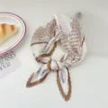 Korean style pleated square scarf chic brown stripe neckerchief soft spring summer hair accessory - Khaki Flower Print