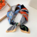 Floral print small square scarf, colorful patchwork design, stylish neckerchief for women. - Grid Floral Blue