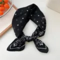 Black cotton linen small square scarf with paisley and star print for women stylish neckerchief. - 21 Cotton-Star & Small Flower Black