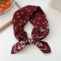 Burgundy cotton linen small square scarf with white paisley and star print for women. - 25 Cotton-Star & Small Flower Brick Red