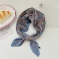 Pleated square silk scarf with vintage print, elegant blue neckerchief and stylish hair band. - Blue Sun Butterfly Paisley