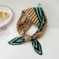 Pleated square silk scarf for women, green brown striped hair band, chic spring summer accessory. - Green Orange Maze Stripes