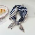 Pleated square scarf for women, chic stripe printed neckerchief and fashion hair band accessory. - Beige Navy Maze Stripes