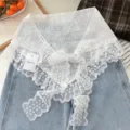 Detailed view of white vintage lace floral embroidered triangular scarf shawl for women layering. - Twin Flowers Style (7)