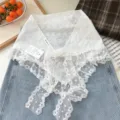 White lace embroidered floral collar detail, vintage chic layered triangular scarf accessory. - Bow Flower Style (8)