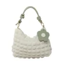 Chic off-white pleated hobo bag featuring a sage green knotted strap and flower charm - White & Green