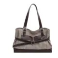 Grand sac cabas en toile grise avec accents en cuir verni marron et boucle cœur - Standard / Kaki