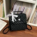 Sweet Korean style black and white polka dot backpack with lace bow and pearl detail - With Pendant / Black