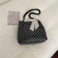 Grand cabas vintage noir à pois pour femme avec nœud floral rose et anse tressée - Sac Seul (Sans Foulard) / Noir