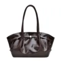 Grand sac cabas en cuir verni marron foncé avec design plissé élégant et détail nœud - Café