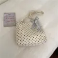 Large cream polka dot tote bag with braided strap and decorative floral ribbon bow - White Small Polka Dot