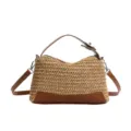 Borsa da spiaggia estiva in paglia con finiture in pelle marrone e tracolla regolabile - Kaki