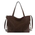 Borsa tote vintage marrone con dettagli in frange intrecciate a mano per spiaggia - Caffè