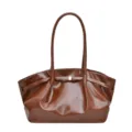 Grand sac cabas en cuir marron brillant avec design plissé pour un usage quotidien - Beige
