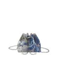 Vintage Chinese style bucket bag with floral embroidery, sequins, and pearl chain strap - Blue