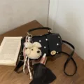 Cute black and white polka dot pillow handbag with teddy bear charm and shoulder strap - With Pendant (Lei 8738) / Black