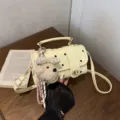 Fashionable light yellow polka dot crossbody pillow bag with cute plush puppy charm - With Pendant (Lei 8738) / Yellow