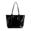 Spacious black glossy patent leather tote bag for women featuring long shoulder straps - Black