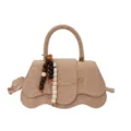Bolso de mano pequeño beige con estampado de leopardo y borla de cuentas de madera - Con Ornamento / Caqui