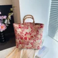 Bolso tote retro con flores estilo chino y asa de bambú para conjuntos tipo Hanfu - Rojo
