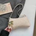 Κομψή ψάθινη τσάντα ώμου με διακοσμητικό φοίνικα και λευκό λουράκι για καλοκαίρι - Στυλ 2 / Λευκό