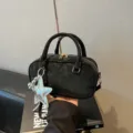 Elegant black suede bowling handbag with a shiny silver star charm for women - With Pendant / Black