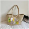 Casual canvas tote bag with colorful terry embroidery letter, stylish shoulder bag for daily travel. - With Pendant / Khaki