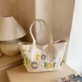 Minimalist canvas tote bag for women, casual large capacity shoulder handbag with cute letter design. - With Pendant / Off White