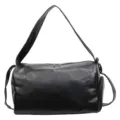 Black PU leather gym duffel bag variant, casual travel shoulder bag with dual zippers. - Black