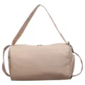 Beige PU leather duffel bag for gym and travel, stylish cylindrical shoulder bag with strap. - Khaki