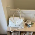 Large Capacity Travel Duffel Bag with Bow Embroidery Canvas Weekender Bag for Women - Off White