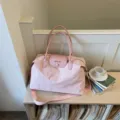 Pink large capacity travel duffel bag for women lightweight gym shoulder bag with bow embroidery - Pink