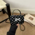 Petit sac à main noir à pois chic avec un nœud en strass étincelant pour femmes - Noir