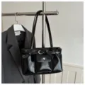 Vintage glossy black large capacity tote bag with front pocket for office commute - Black