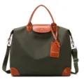 Sac de voyage élégant en nylon avec garniture en cuir marron, grand sac de transport bandoulière. - Vert Militaire