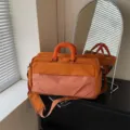 Large capacity travel duffel bag for women, orange handbag with grid front pocket fitness. - Brown